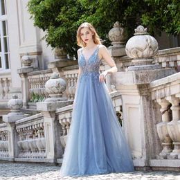 Party Dresses YQLNNE Sweet Dusty Blue Long Prom Straps Tulle Crystals Backless Formal Gown