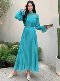 Casual Dresses 2024 Spring Autumn Women Long Sleeve Belt Slim Dress High Quality Lace Patchwork Solid Color Pleated Chiffon