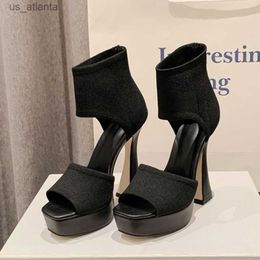 Dress Shoes 2024 Summer Elastic fabric Chunky High Heels Women Sandals Fashion Platform Open Toe Banquet Female Pumps H240403GYDA