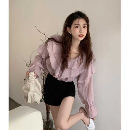 Korean Niche Ruffled V-neck Sun Protection Shirt for Womens 2024 Spring/summer New Loose Bubble Sleeve 39319