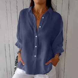 Women's Blouses Shirts 2024 Casual Solid Button Lapel Back Lace Up Slit Design Shirt Colour Cardigan Top Female