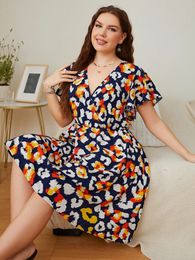 Plus Size Summer Dress for Women Wrap V Neck Ruffle Flutter Sleeve Boho Beach Robe Elastic Waist Female ALine Swing Clothing 240408