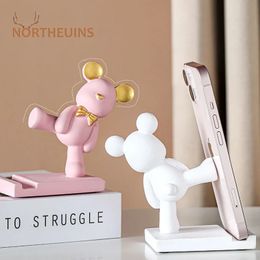 NORTHEUINS Resin Violent Bear Miniature Figurines Lazy Mobile Phone Stand Home Living Room Office Desktop Decoration Object Gift 240318