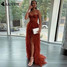 Slippers Women's Prom Party Dresses Strapless Lace Long Tail Gown Ruffles Tulle with Train Split Illusion Vestido De Gala Custommade