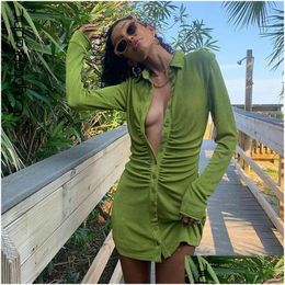 Basic & Casual Dresses Turn-Down Collar Green Women Shirt Club Party Long Sleeve Button Mini Dress Holiday 2022 Spring Streetwear Dro Dh5Ma