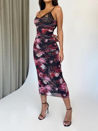 Casual Dresses Fashion Womens Midi Cami Dress Floral Print Lace Patchwork Spaghetti Strap V-Neck Bodycon For Club Party