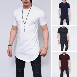 Men's T Shirts Men T-shirt Solid Colour Round Neck Slim Fit Mid Length Short Sleeves Daily Wear Irregular Hem Thin Summer Top Clothes