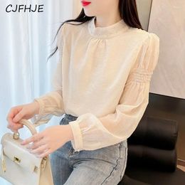 Women's Blouses CJFHJE Fashion Small Fragrance Chiffon Shirt Korean Elegant Women Half High Neck Long Sleeved Bright Silk Bead