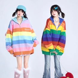 Rainbow Striped Sweater Jacket for Women Loose Lazy Style Zipper Knitted Cardigan for Women Y2k Vintage Long Sleeve Top 240320