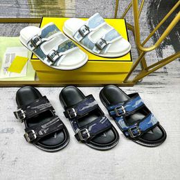 Designer Men Women Sandals Canvas Slides Double Strap Flat Buckle Slippers Mule Leather Bottom Beach Slides Rubber Soles Summer Flip Flops With Box