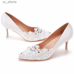 Dress Shoes Women Pumps Party Prom Pointed Toe String Bead Slip-On PU 7CM Thin Heels Lady Wedding Korean Style Fashion white H240403