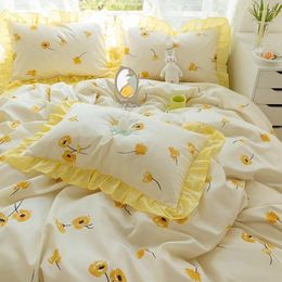 Bedding Sets Yellow Floral Set Simple Ins Girl Princess Ruffle Lace Duvet Cover Bed Skirt And Pillowcases Decor Bedroom Home Textiles