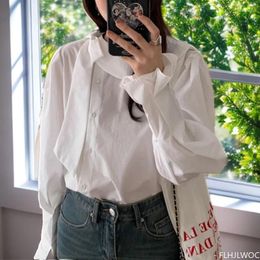 Women's Blouses Bow Tie Tops Cotton 2024 Spring Summer Girls Women Long Sleeve Big Top Loose Casual Solid White Button Shirts