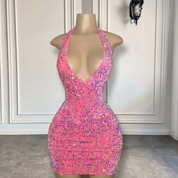 Sexy Short Pink Sequins Prom Dress For Black Girls 2024 V-neck Sleeveless Birthday Homecoming Party Gowns Robe De Soiree