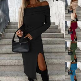 Casual Dresses Female Off Shoulder Long Sleeve Slim Party Dress Autumn Solid High Split Sexy Slash Neck Elegant Pullover Black