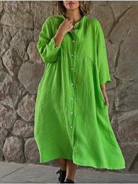 Women Causal Cotton Linen Dress Fashion Loose Button Up Long Sleeve Shirt Dresses Vintage Solid Beach Party Midi Robe 240403