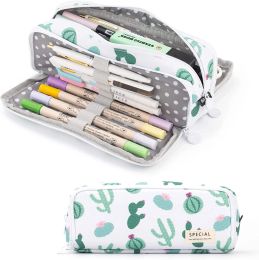 Bags Large Pencil Case with Zipper Lightweight Spacious stationery Organiser for Adults School Teen Girl Boy, Green Cactus pattern