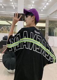 Hip Hop Tshirt Men Cotton Reflective Strip Letter Print O Neck Half Sleeve Tees Summer Streetwear Plus Size Mens Tops Asian Size8715287