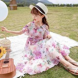 Girls Floral Dress Summer Modest Chiffon Princess Dresses Trend Prom Party Tight Waist Casual 12 Years Old Kids Clothes 240403