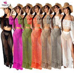 Work Dresses SEPAQI Tassel Summer Beach Dress Women Sexy Off Shoulder Maxi Long Sleeve Boho Knit Crochet Hollow Out Party