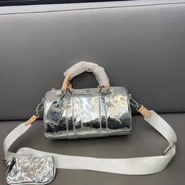 Keepall 25 Mens Luxury Designer Shoulder Bag Laser Silver Mirror Leather Handbag Cross body Bag Adjustable Shoulder Strap Backpack Side Bag