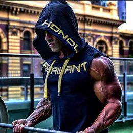 Men's T-Shirts Muscle Fitness Guys Gym Clothing Mens Bodybuilding Hooded Tank Top Men Cotton Sleeveless T Shirt Running Vest Workout Sportswear 2443