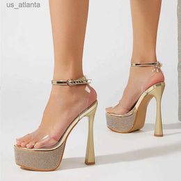 Dress Shoes Liyke 2024 New Gold Silver Open Toe Transparent Sandals Women Fashion Crystal Rhinestone Platform High Heels Wedding Prom H240403