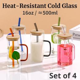 Wine Glasses Glass Cups With Bamboo Lids&Straw 4pcs Set 16oz Iced Coffee Drinking Cute Tumbler Ideal For Tea Juice Soda Cocktail