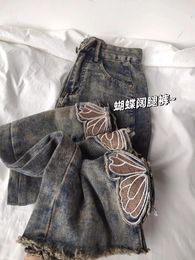 Women's Jeans 2024 Vintage Embroidered For Women Loose Fit Ripped Blue Denim Pants Butterfly Cutout Streetwear Y2K Cowboys Trousers