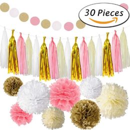 Party Decoration Decorations Kit 30 Pcs Gold Pink Supplies Including Paper Pom Poms Flowers & Tissue Tassel Garland For Decor