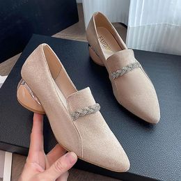 Dress Shoes All For Women Casual 2024 Autumn Black Suede Rhinestone Single Chunky Heel High Walking