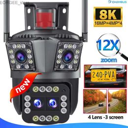 Other CCTV Cameras 16MP 8K WiFi IP Camera 10X Zoom 4K Outdoor Security Camera Surveillance AI Track Four Lens Three Screen Mini Street Camera 360 Y240403