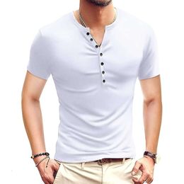 Summer New Men's Clothing Henley Shirt Short Sleeved Men's T-shirt Solid Colour Top Men's