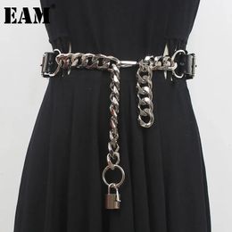 EAM Pu Leather Black Thick Metal Chain Long Wide Belt Personality Women Fashion All-match Spring Autumn 2024 1DD9566 240325