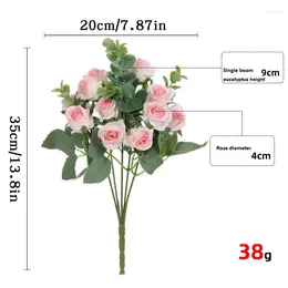 Decorative Flowers Artificial Roses Bundle Silk Wedding Bride Orange Pink Simulation Eucalyptus Rose Floral Home Decoration Fake Flower