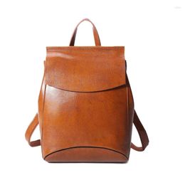 School Bags Women Backpack Cross Body Shoulder Bag Genuine Leather Book Fashion Oil Wax Cowhide Female Rucksack Messenger