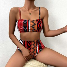 Women's Swimwear Womens ethnic printed swimsuit in plus size with hollow lace on the back Up Bandeau Beachwear swimsuit Biquini Swimming Pool Beachwear J240403