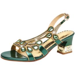 Boots Summer Women Sandals Pu 6.55cm Square Heel Round Toe Strap Street Style British Style Rhinestones Shoes for Women Green