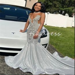 Silver Evening Dresses With Rhinestone Crystal Luxury Plus Size Mermaid Black Girls Prom Dress Elegant Formal Occasion Birthday Party Gown vestido casamento 2024