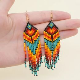 Rice Bead Earrings Hand knitting Retro rainbow Beading Simple Bohemia geometry alloy ma'am Fringe Earrings