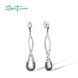 Earrings SANTUZZA Silver Earrings For Women 925 Sterling Silver Blue Spinel White CZ Geometric Dangling Earrings Elegant Fine Jewellery