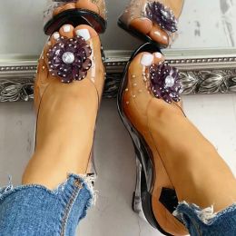 Boots Large Size Female Sandals Summer New Rhinestone Wedge Heel Sweet Flowers Transparent Waterproof Leisure Women's Jelly Shoes