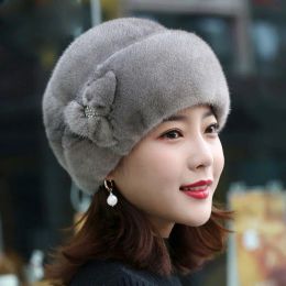 Winter Outdoor Hat Russian Flower Decor Thickened Luxury Keep Warm Solid Color Winter Thermal Middle-aged Women Cap For Women