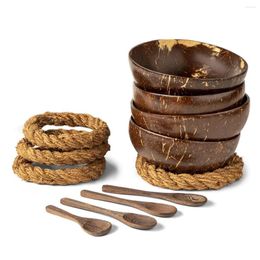 Dinnerware Sets With Spoons & Stands - Set Of 4 Coconut Shell Bowls Wooden No-Wobble Holders For Salad