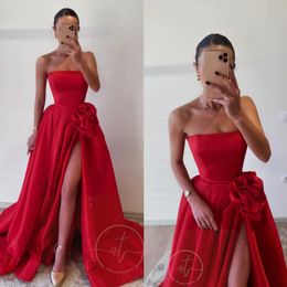 Sexy red a line prom dress strapless floral waist formal evening dresses elegant thigh split satin dresses for special occasions party gowns