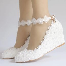 Boots White Flower Wedding Shoes Lace Pearl High Heels Sweet Bride Dress Shoes Beading Wedges Shoes 5cm Women Pumps