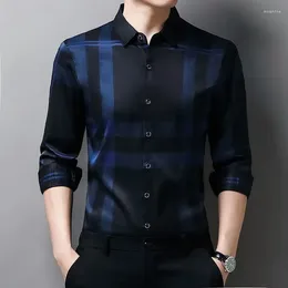Men's Dress Shirts Fashion Lapel Button Loose Printed Lattice Shirt Clothing 2024 Spring Oversized Casual Tops All-match Korean
