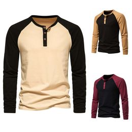 Men's New Three Button Raglan Sleeve Henry Long Sleeved T-shirt D20