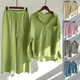 Women's Two Piece Pants Casual Solid Colour Retro Plus Size Loose Cotton Button Shirt And High Waist Pocket Long Pant Sets