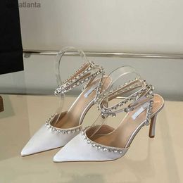 Dress Shoes Liyke 2024 New Sexy Pointed Toe Black White High Heels Mules Sandal Fashion Rhinestone Ankle Strap Party Women Pumps H240403658N